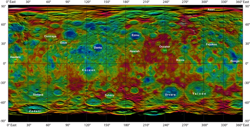 Illustration for article titled Beautiful New Topographical Map Of Ceres Shows a Complex, Icy World